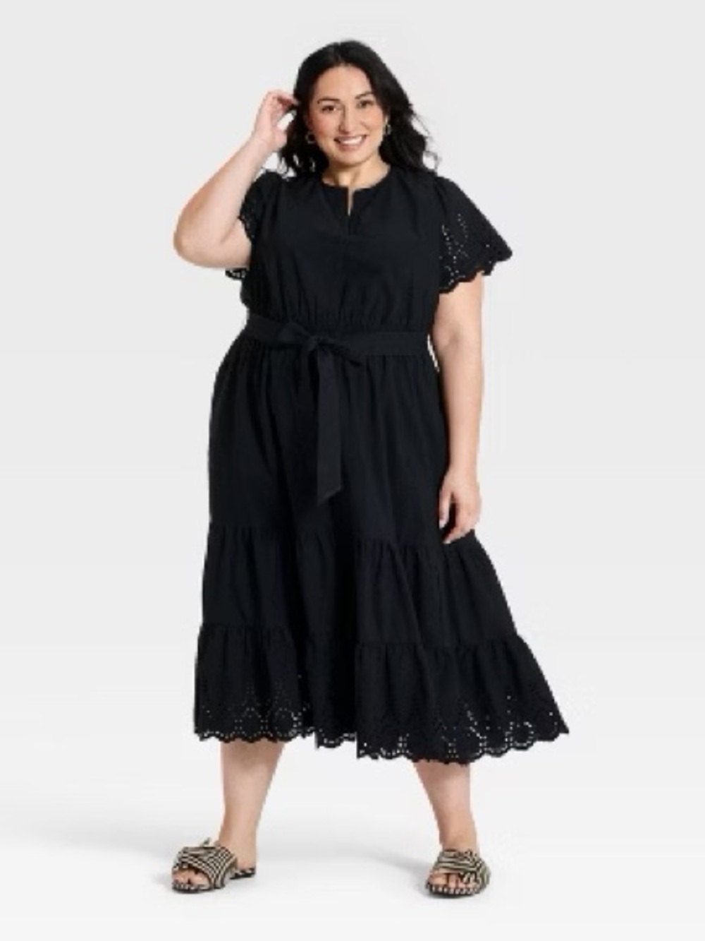 READ Ava & Viv Black Eyelet Tiered Midi Dress NO Waist Tie
